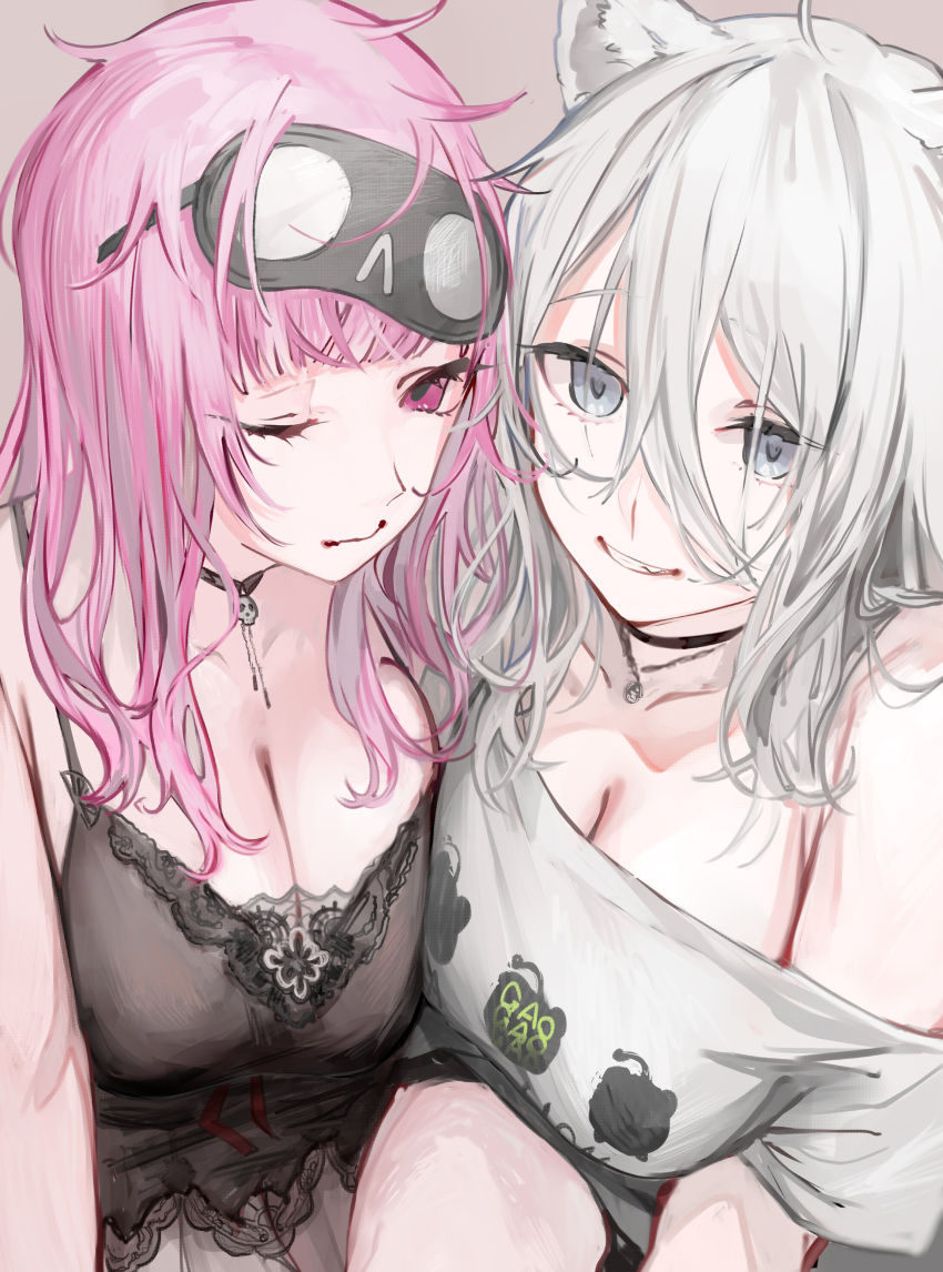 2girls absurdres animal_ears bare_shoulders black_nightgown breasts choker cleavage commentary_request grey_eyes grey_hair grin hair_between_eyes highres hololive hololive_english lingerie lion_ears long_hair looking_at_viewer loungewear mori_calliope mori_calliope_(sleepwear) multiple_girls nightgown official_alternate_costume pink_eyes pink_hair shirt shishiro_botan shishiro_botan_(casual) sleep_mask smile toro3 underwear virtual_youtuber white_shirt