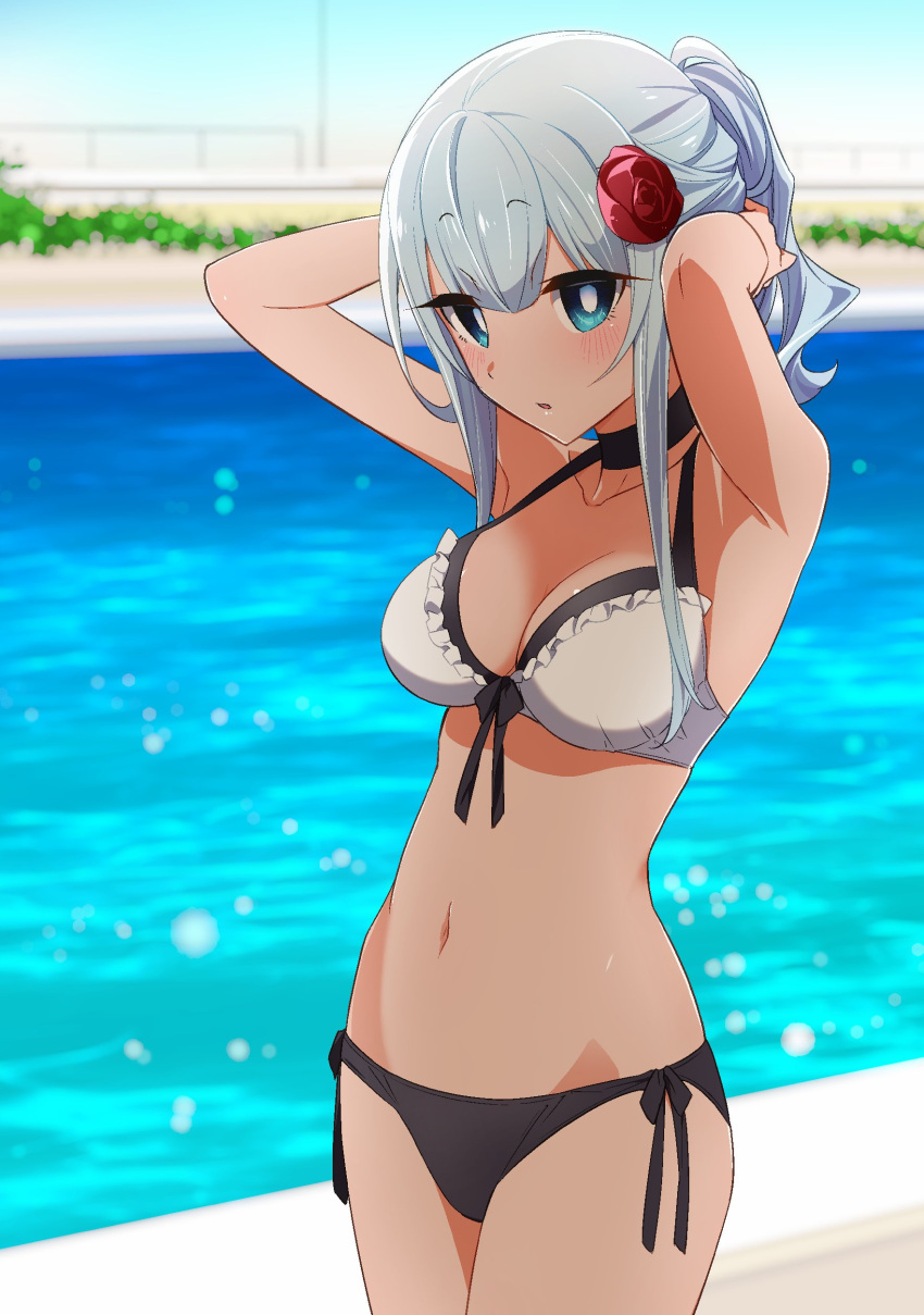 1girl absurdres armpits arms_up bikini black_bikini black_choker blurry blurry_background blush breasts choker flower frilled_bikini frills gotokuayashi green_eyes hair_flower hair_ornament highres long_hair looking_at_viewer medium_breasts navel original outdoors ponytail solo swimsuit two-tone_bikini white_bikini white_hair