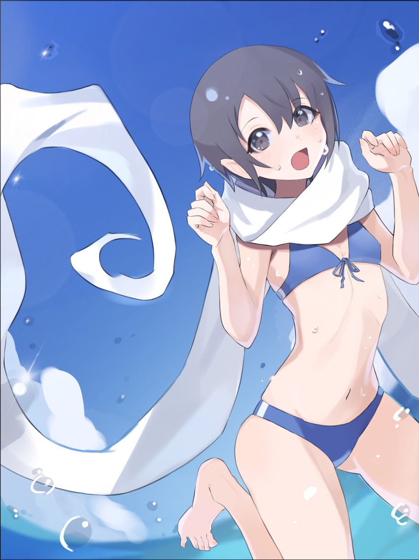 1girl :o bare_arms barefoot bikini blue_bikini blue_sky cloud commentary commentary_request day feet flat_chest grey_eyes grey_hair hands_up highres idolmaster idolmaster_cinderella_girls legs_up looking_at_viewer navel ocean odayaka_(ekaku_tempa) open_mouth otokura_yuuki ribs scarf short_hair sky solo sports_bikini string_bikini swimsuit toes water_drop wet white_scarf