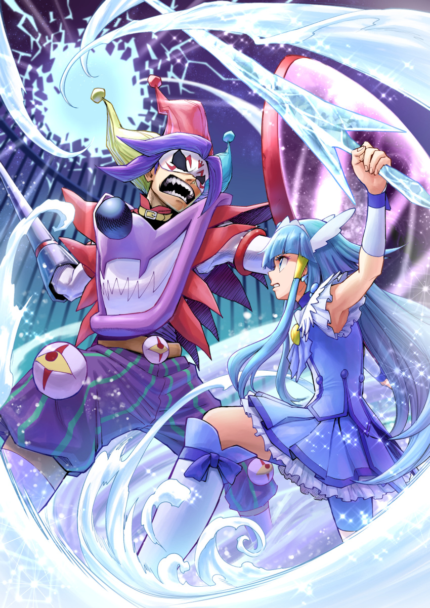 1boy 1girl battle blouse blue_choker blue_eyes blue_hair blue_shirt blue_skirt blunt_bangs boots brooch choker crystal_sword cure_beauty fangs frilled_skirt frilled_sleeves frills frown grimace hat highres holding holding_sword holding_weapon itou_shin'ichi jester_cap jewelry joker_(smile_precure!) knee_boots long_hair looking_at_another magical_girl miniskirt open_mouth pleated_skirt precure shirt short_sleeves skirt smile_precure! snow sparkle standing sword weapon white_footwear wing_hair_ornament