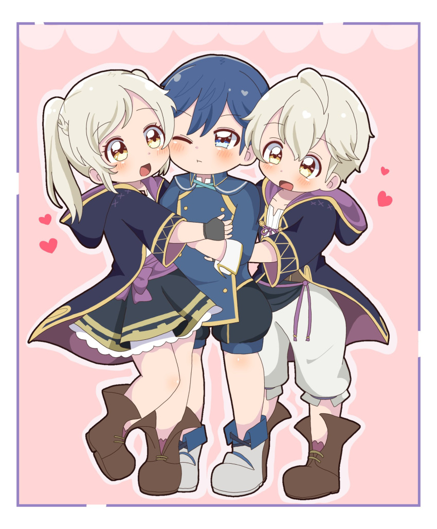 1girl 2boys aged_down blue_hair blush boy_and_girl_sandwich chrom_(fire_emblem) coat dual_persona fire_emblem fire_emblem_awakening fire_emblem_heroes heart highres hug multiple_boys official_alternate_costume robin_(female)_(fire_emblem) robin_(fire_emblem) robin_(male)_(fire_emblem) rukinya_nya sandwiched skirt twintails white_hair