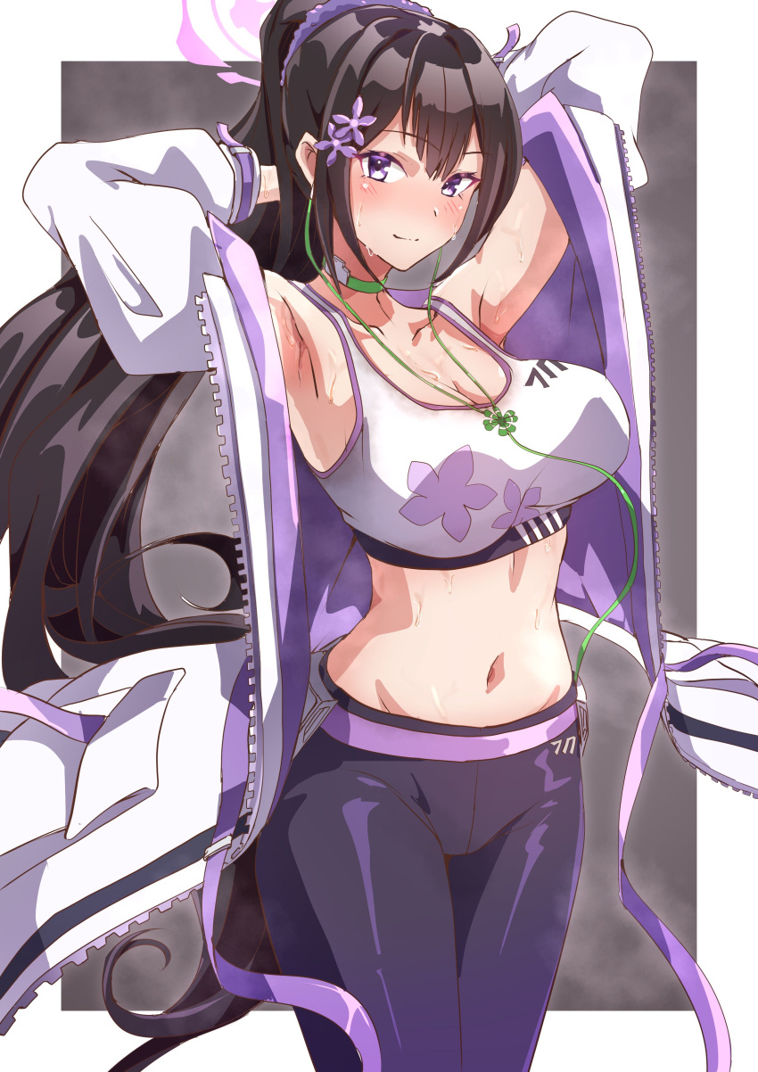 1girl absurdres armpits arms_behind_head black_hair black_pants blue_archive blush border breasts choker cleavage closed_mouth commentary_request earbuds earphones green_choker grey_background hairband high_ponytail highres jacket large_breasts long_hair looking_at_viewer navel open_clothes open_jacket outside_border pants purple_eyes purple_hairband purple_pants simple_background smile solo sports_bra standing sumire_(blue_archive) sweat sweaty_armpits to_(tototo_tk) white_border white_jacket white_sports_bra yoga_pants zipper