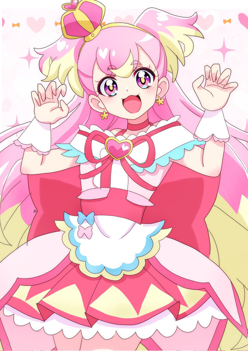 1girl back_bow blonde_hair bow brooch choker claw_pose commentary cosplay cowboy_shot crown cure_precious cure_precious_(cosplay) cure_wonderful delicious_party_precure dress earrings frilled_cuffs hairband heart heart_brooch highres huge_bow inukai_komugi jewelry long_hair looking_at_viewer magical_girl mini_crown momotarouooi multicolored_hair open_mouth pink_dress pink_hair precure purple_eyes red_bow red_choker short_dress smile solo standing two-tone_hair two_side_up wonderful_precure! yellow_hairband