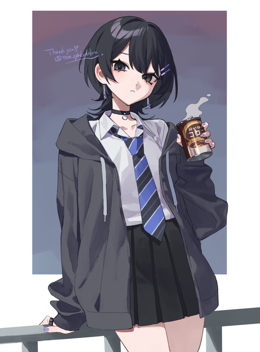 1girl :&lt; absurdres against_railing arm_at_side arm_rest bangs_pinned_back black_choker black_eyes black_hair black_jacket black_necktie black_skirt blue_background blue_necktie blush can canned_coffee choker closed_mouth collarbone collared_shirt cowboy_shot drawstring drink drink_can earrings hair_between_eyes hair_ornament hairpin high-waist_skirt highres holding holding_drink hood hood_down hooded_jacket jacket jewelry legs_together looking_at_viewer medium_hair miniskirt nail_polish necktie open_clothes open_jacket original pleated_skirt purple_nails railing school_uniform shirt shirt_tucked_in sidelocks skirt solo striped_necktie temu_(tem27) thank_you twitter_username two-tone_background two-tone_necktie white_background white_shirt wolf_cut