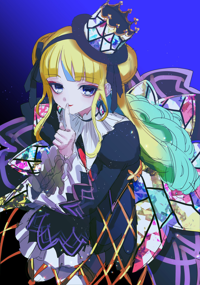 1girl absurdres blonde_hair blue_eyes blue_hair blunt_bangs braid braided_bun colored_inner_hair commentary_request cowboy_shot crown_hat dress eyeshadow finger_to_mouth gothic_lolita hair_bun hand_up highres idol_clothes kokoa_remon kokoa_remon_(primagista) lolita_fashion long_hair long_sleeves looking_at_viewer makeup multicolored_clothes multicolored_dress multicolored_hair pretty_series red_eyeshadow red_lips shushing sidelocks smile solo stained_glass_print standing streaked_hair unfinished very_long_hair waccha_primagi! yuiitsu