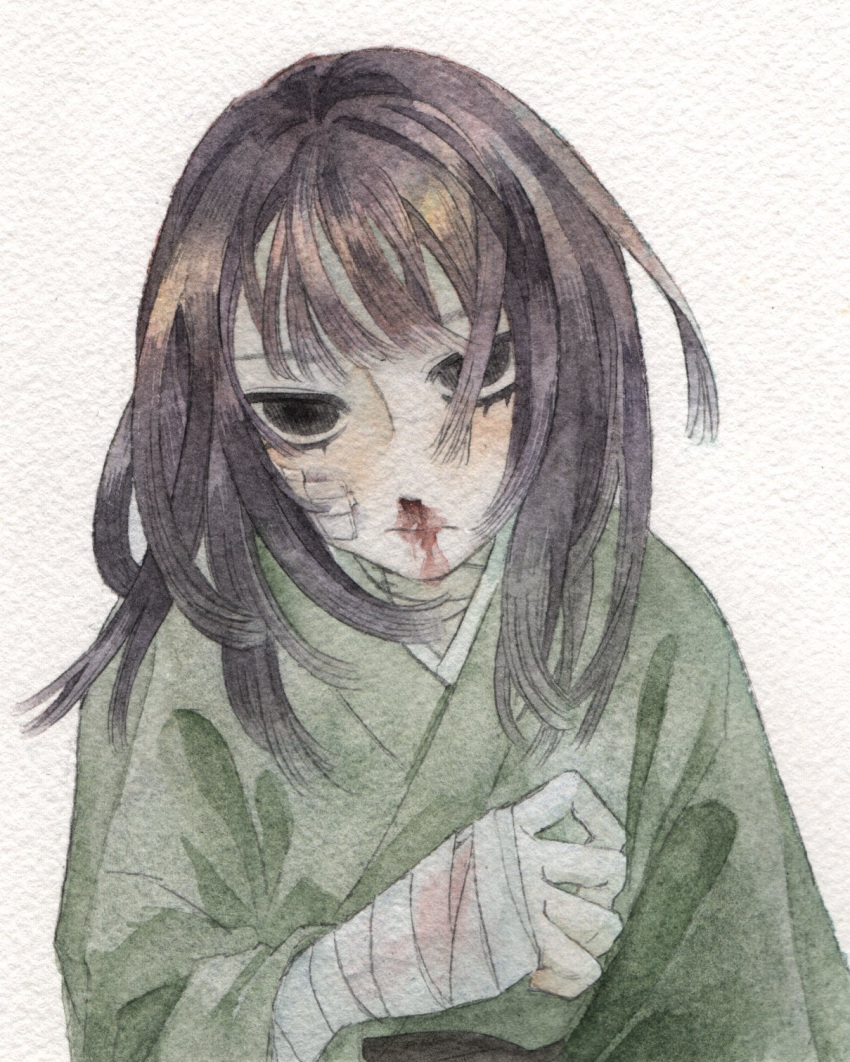 1girl bandage_on_face bandaged_arm bandaged_hand bandaged_neck bandages bandaid bandaid_on_cheek bandaid_on_face black_eyes black_hair blood blood_from_mouth blood_on_face brown_hair empty_eyes green_kimono hand_up highres injury japanese_clothes kimono kz_m_i long_hair long_sleeves looking_at_viewer medium_hair nosebleed obi original painting_(medium) sash simple_background solo traditional_media upper_body watercolor_(medium) white_background