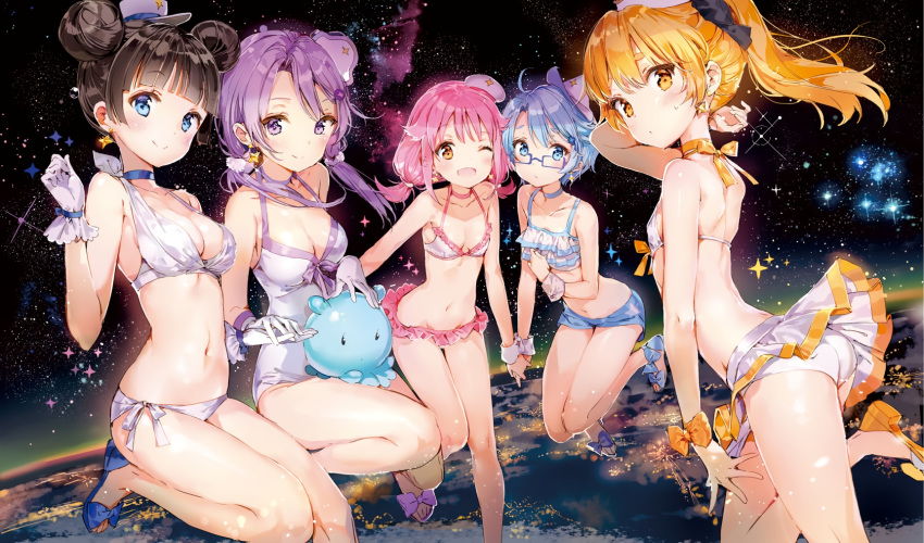 anmi aoi_(houkago_no_pleiades) bikini black_hair blonde_hair blue_eyes blush breasts choker cleavage cropped flat_chest glasses gloves hat hikaru_(houkago_no_pleiades) houkago_no_pleiades itsuki_(houkago_no_pleiades) long_hair nanako_(houkago_no_pleiades) pink_hair pleiadian ponytail purple_eyes purple_hair scan short_hair space stars subaru_(houkago_no_pleiades) swimsuit twintails wink yellow_eyes