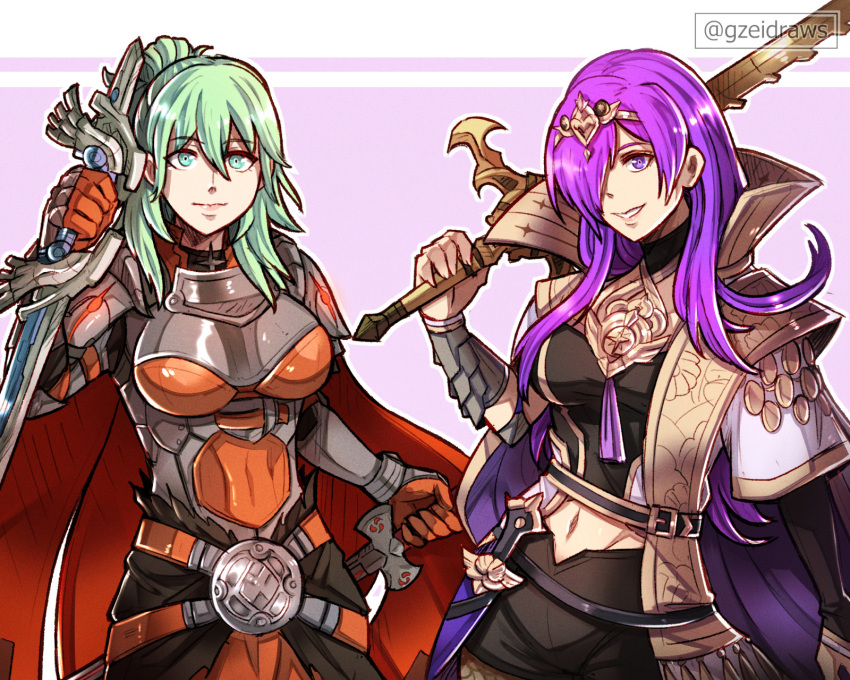 2girls belt breasts byleth_(female)_(fire_emblem) byleth_(female)_(fire_emblem)_(cosplay) byleth_(fire_emblem) cape commentary cosplay costume_switch dagger fire_emblem fire_emblem:_three_houses fire_emblem_warriors:_three_hopes green_eyes green_hair grin gzei hair_over_one_eye highres holding holding_sword holding_weapon knife long_hair looking_at_viewer medium_breasts multiple_girls navel ponytail shez_(female)_(fire_emblem) shez_(female)_(fire_emblem)_(cosplay) shez_(fire_emblem) smile sword sword_of_the_creator upper_body very_long_hair weapon