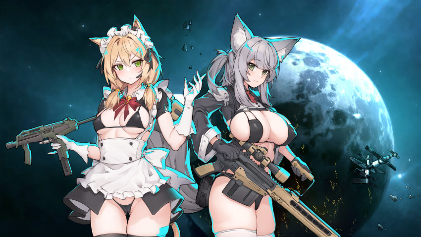 2girls animal_ear_fluff animal_ears asteroid bare_shoulders bikini black_bikini black_gloves blonde_hair blush breasts cameltoe character_request commentary_request corset gloves gun highleg highleg_bikini highres holding holding_gun holding_weapon large_breasts looking_at_viewer maid maid_bikini maid_headdress medium_breasts multiple_girls navel planet revealing_clothes rifle rimworld shrug_(clothing) skirt sniper_rifle space space_station spacecraft stmast string_bikini submachine_gun swimsuit tail thighhighs unconventional_maid weapon white_gloves white_thighhighs wolf_ears wolf_girl wolf_tail