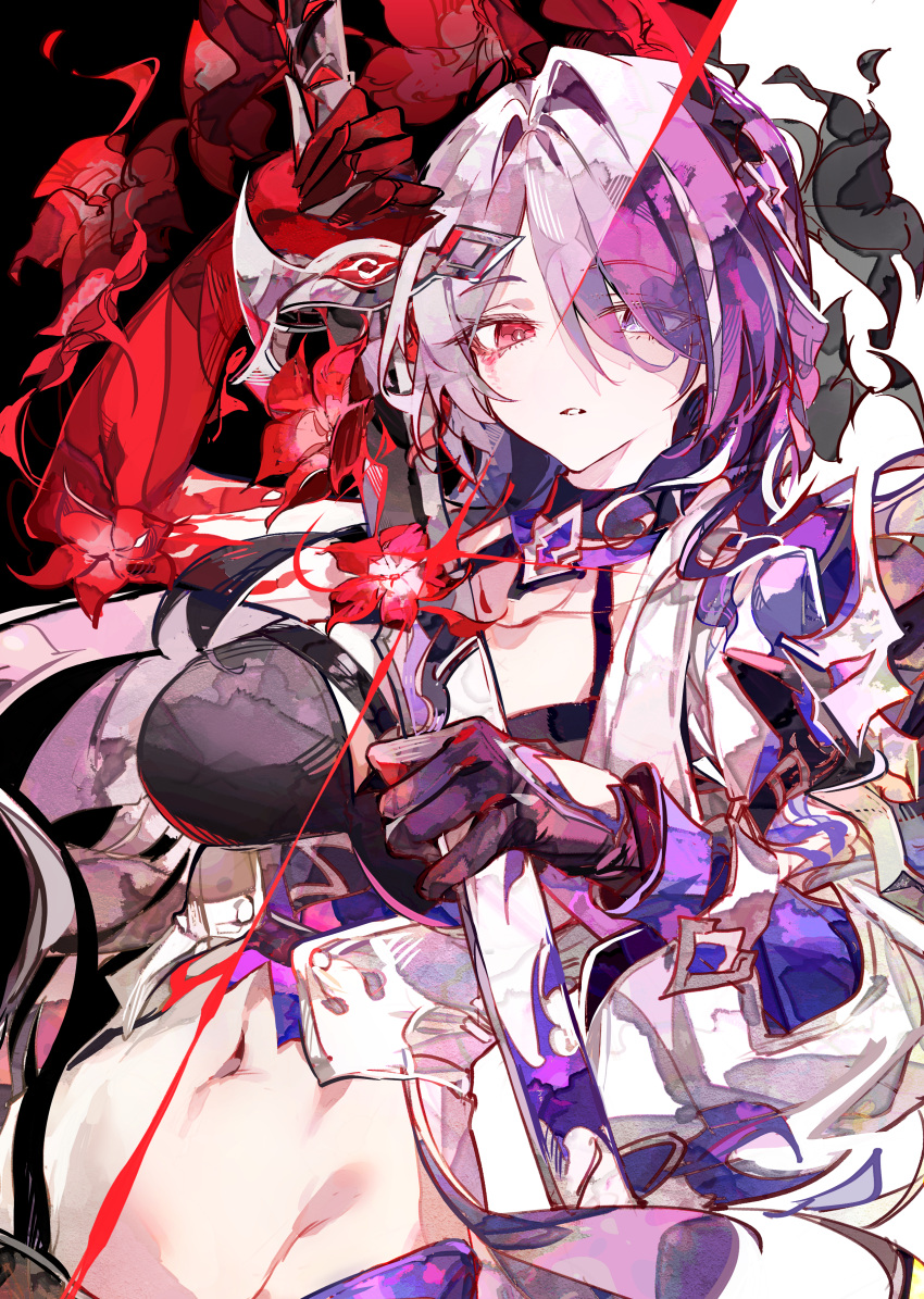 1girl absurdres acheron_(honkai:_star_rail) black_choker black_gloves breasts choker cocoballking commentary drawing_sword gloves hair_over_one_eye highres holding holding_sword holding_weapon honkai:_star_rail honkai_(series) katana large_breasts long_hair looking_at_viewer multicolored_hair navel official_alternate_color official_alternate_hair_color purple_eyes purple_hair red_eyes sheath solo stomach streaked_hair sword unsheathing very_long_hair weapon white_hair