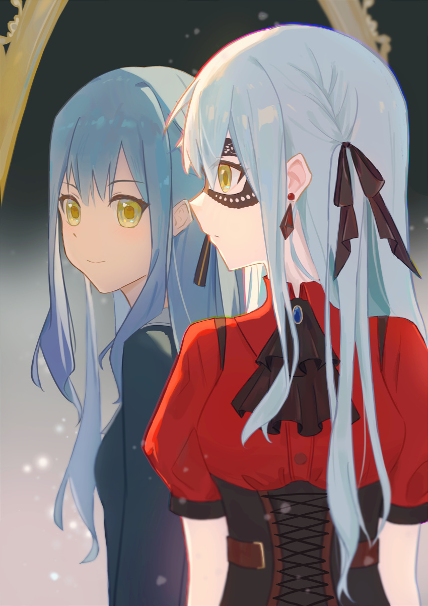 2girls absurdres ascot bang_dream! bang_dream!_it's_mygo!!!!! black_ascot black_corset black_mask black_ribbon black_shirt blue_hair closed_mouth commentary corset domino_mask dual_persona hair_ribbon highres hu_pi_xuan_jiao light_particles long_hair looking_at_another mask mirror multiple_girls red_shirt ribbon school_uniform shirt short_sleeves smile togawa_sakiko tsukinomori_school_uniform upper_body yellow_eyes