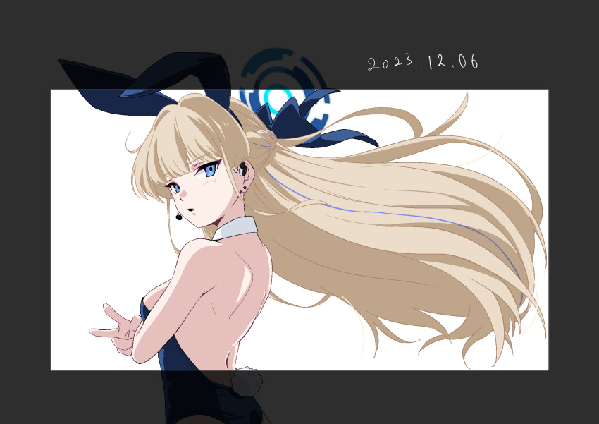 1girl animal_ears backless_leotard bare_back bare_shoulders blonde_hair blue_archive blue_eyes breasts detached_collar earrings fake_animal_ears fake_tail floating_hair halo headset highres jewelry leotard long_hair papiyon1297 parted_lips playboy_bunny rabbit_ears rabbit_tail small_breasts solo stud_earrings tail toki_(blue_archive) toki_(bunny)_(blue_archive) upper_body v