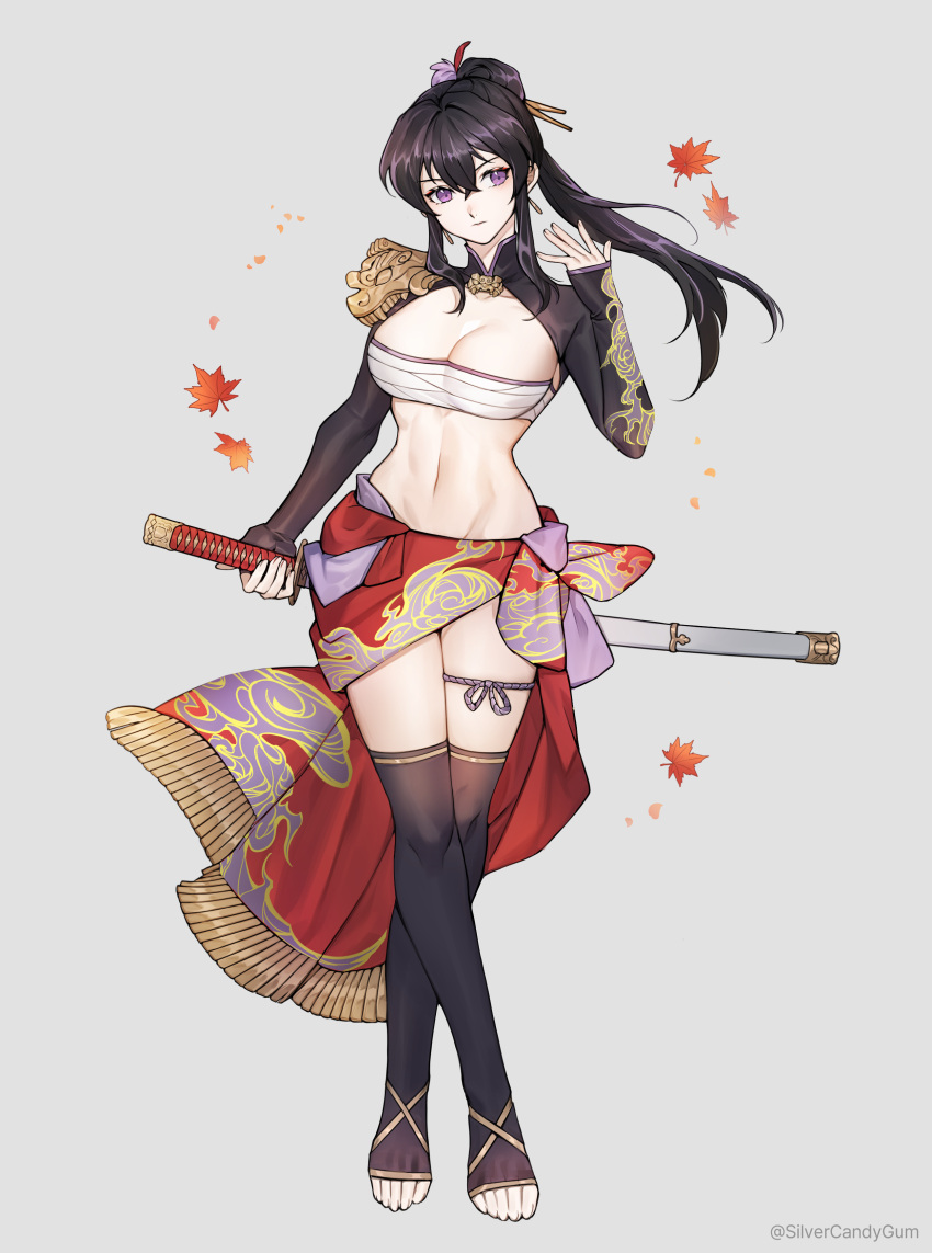 1girl absurdres bandages bandeau black_hair black_thighhighs chest_sarashi commission grey_background head_tilt highres long_hair long_sleeves midriff navel original pixiv_commission ponytail purple_eyes sarashi sarong shrug_(clothing) silvercandy_gum simple_background solo stomach strapless thighhighs thighs tube_top