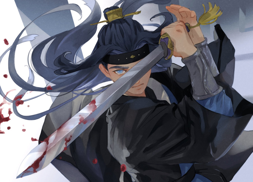 1boy black_hair blood blood_on_weapon blood_splatter closed_mouth fighting_stance highres holding holding_sword holding_weapon long_hair long_sleeves luo_xiaohei_zhanji male_focus mnmnmnt_o one_eye_covered serious simple_background solo sword sword_in_front_of_face upper_body very_long_hair weapon white_background wuxian_(the_legend_of_luoxiaohei)