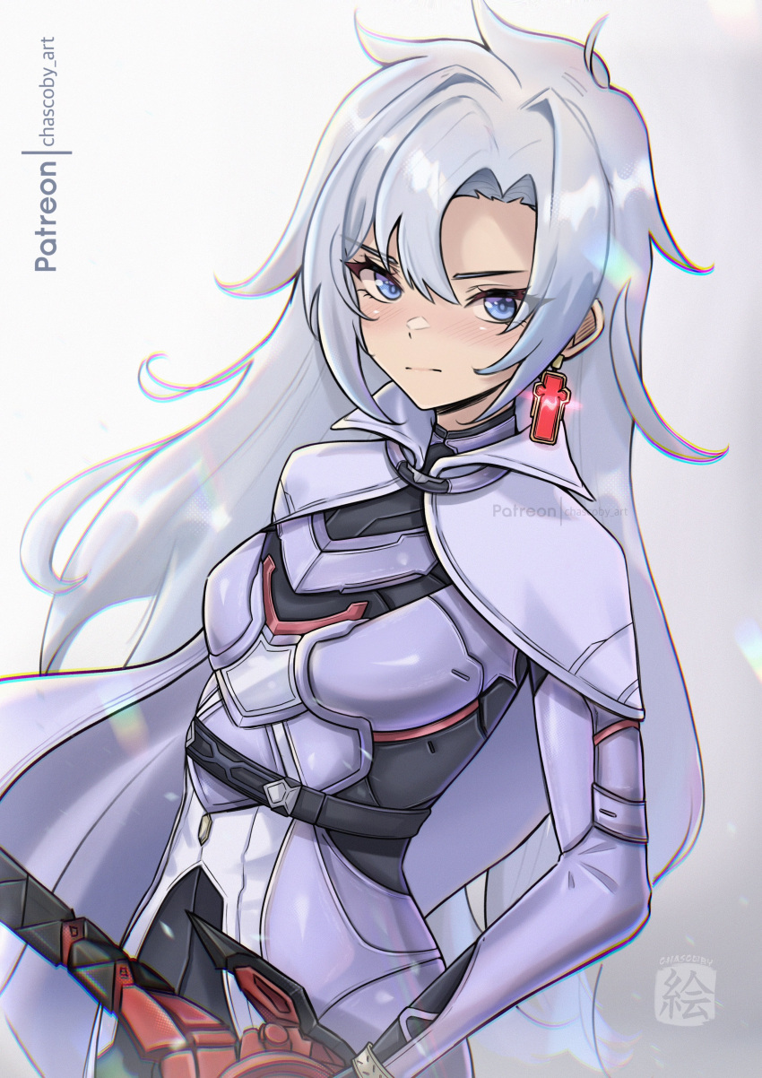 1girl a_(xenoblade) absurdres armored_bodysuit artist_name asymmetrical_bangs blue_eyes cape chascoby closed_mouth commentary_request core_crystal_(xenoblade) curtained_hair earrings gradient_background grey_background grey_hair highres jewelry long_hair looking_at_viewer patreon_username purple_cape simple_background single_earring solo standing xenoblade_chronicles_(series) xenoblade_chronicles_3