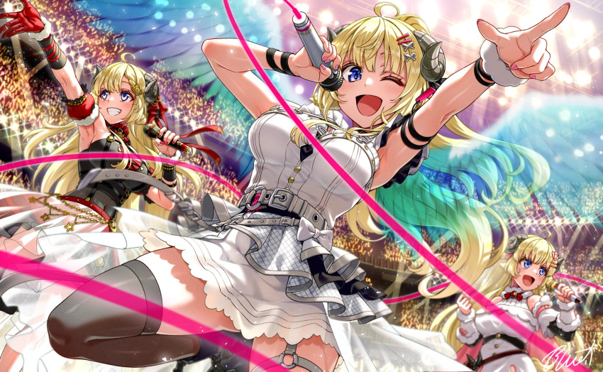 3girls ahoge armpits audience belt black_shirt black_thighhighs blonde_hair blue_eyes breasts buru-dai butterfly_hair_ornament commentary_request crop_top dress gloves hair_ornament hair_ribbon hairclip halter_shirt halterneck highres holding holding_microphone hololive horns large_breasts long_hair microphone multiple_girls multiple_persona o-ring one_eye_closed open_mouth pointing red_gloves red_ribbon red_skirt ribbon shirt signature skirt smile stage teeth thighhighs tsunomaki_watame tsunomaki_watame_(1st_costume) tsunomaki_watame_(1st_solo_live) tsunomaki_watame_(watame_night_fever!!) white_dress