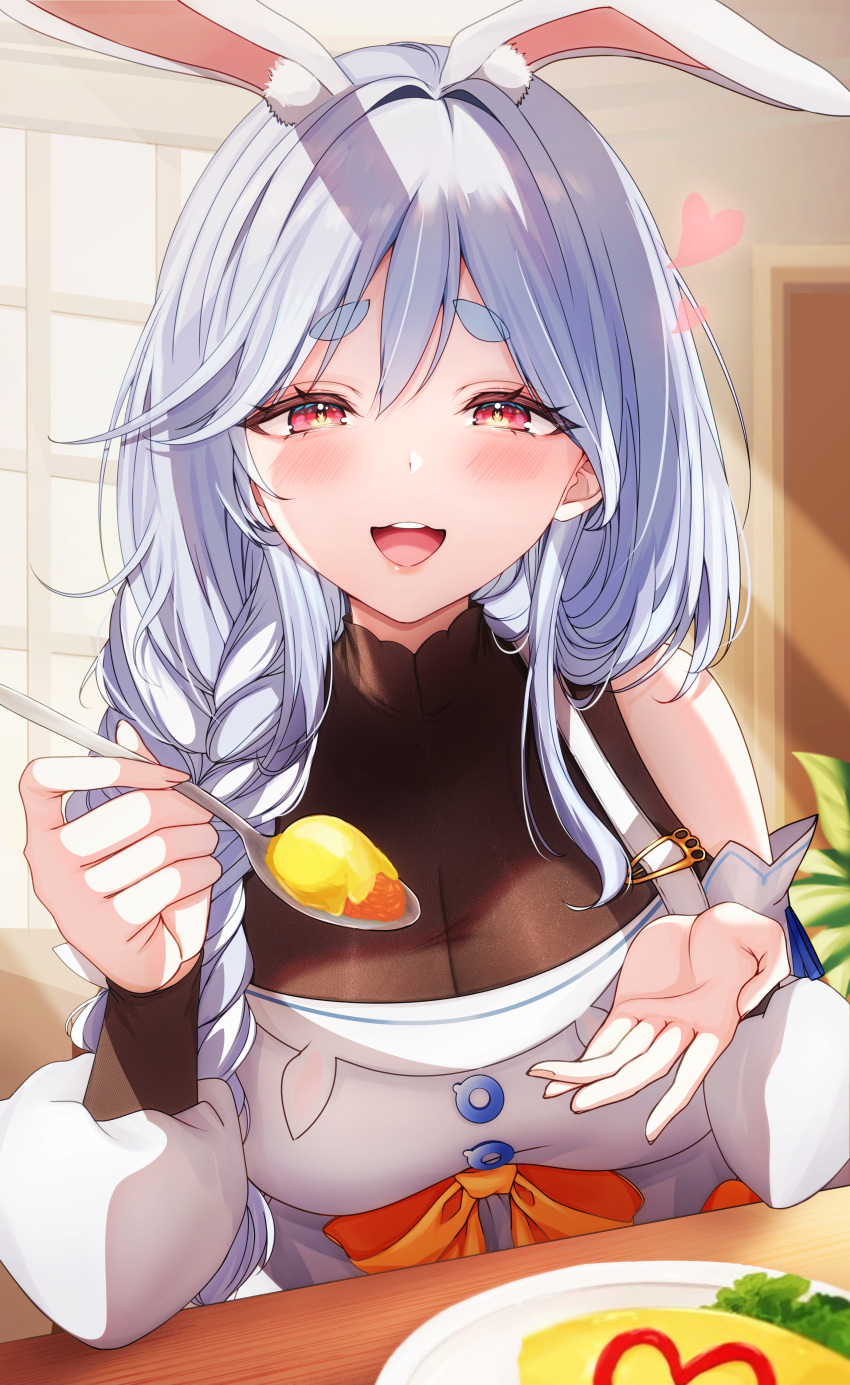 1girl absurdres animal_ear_fluff animal_ears black_bodysuit blue_hair blush bodysuit breasts cleavage detached_sleeves dress food heart highres holding holding_spoon hololive large_breasts looking_at_viewer mature_female multicolored_hair omelet open_mouth pekomama rabbit-shaped_pupils rabbit_ears rabbit_girl red_eyes short_eyebrows solo spoon streaked_hair symbol-shaped_pupils teeth upper_teeth_only virtual_youtuber white_dress white_hair white_sleeves yu_lei