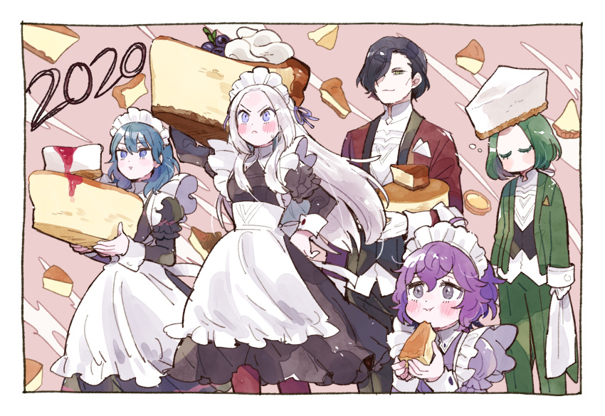 2boys 3girls :&lt; alternate_costume apron bernadetta_von_varley black_hair blue_hair blush butler byleth_(fire_emblem) byleth_(fire_emblem)_(female) carrying_over_shoulder cheesecake eating edelgard_von_hresvelg fire_emblem fire_emblem:_three_houses food green_hair hayashi_(kanzume) highres hubert_von_vestra linhardt_von_hevring maid maid_apron maid_headdress multiple_boys multiple_girls purple_hair silver_hair sleeping smile standing