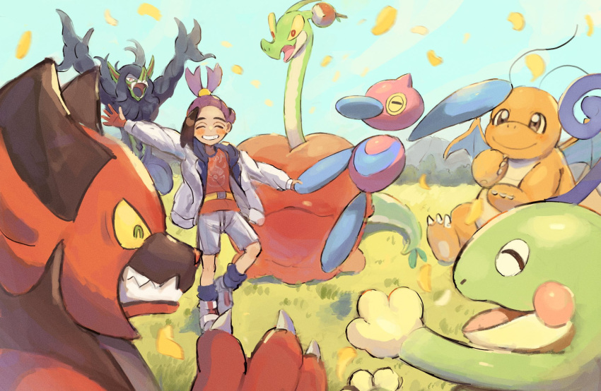 1boy arms_up black_hair blue_socks blush closed_eyes dancing day dragonite grass grimmsnarl grin highres holding_hands hydrapple incineroar jacket kieran_(pokemon) leaf long_sleeves male_focus misdbiglove multicolored_hair open_clothes open_jacket open_mouth outdoors pokemon pokemon_(creature) pokemon_sv politoed porygon-z purple_hair red_tank_top shoes shorts sitting smile socks tank_top white_footwear white_jacket white_shorts