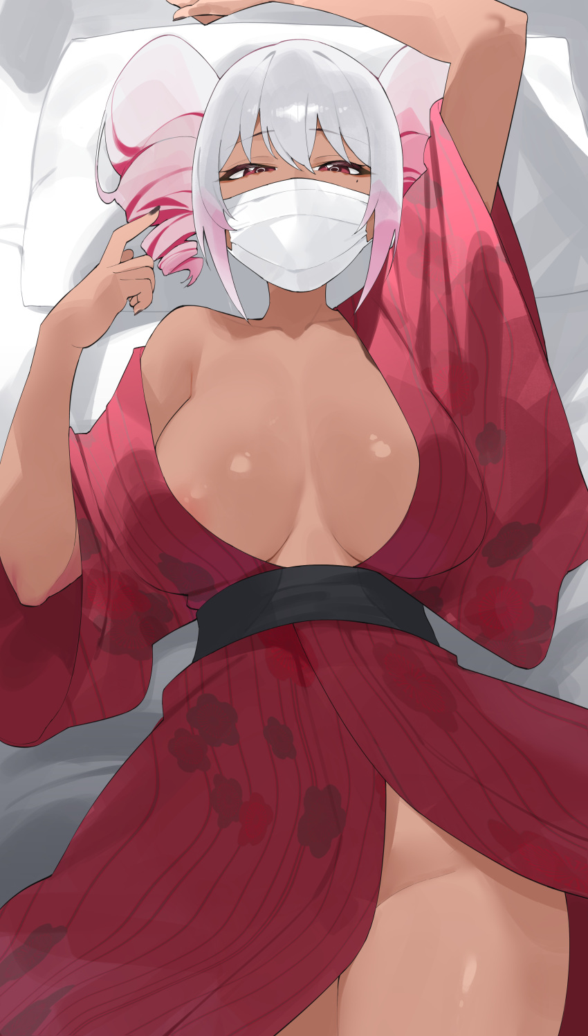 1girl absurdres areola_slip arm_up black_nails black_sash blush breasts byeon_dha dark-skinned_female dark_skin drill_hair floral_print gradient_hair gyaru highres index_finger_raised japanese_clothes kimono kogal large_breasts long_sleeves looking_at_viewer lying mask medium_hair mole mole_under_eye momocca mouth_mask multicolored_hair no_bra no_panties on_back open_clothes open_kimono original pillow pink_hair red_eyes red_hair red_kimono sash single_bare_shoulder solo surgical_mask twin_drills white_hair white_mask wide_sleeves