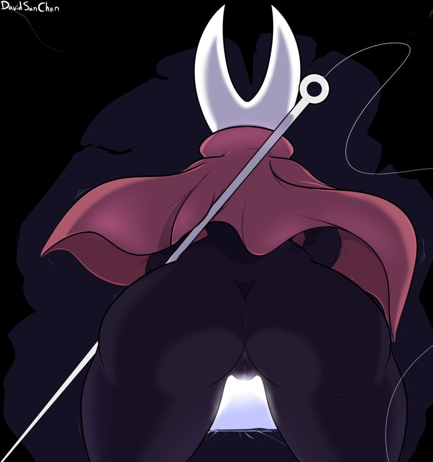 2_horns anthro anus arthropod artist_name black_arms black_body black_butt bodily_fluids butt cave cloak clothing davidsanchan digital_drawing_(artwork) digital_media_(artwork) female fighting_pose genital_fluids genitals hi_res holding_object holding_weapon hollow_knight horn hornet_(hollow_knight) insect looking_forward low-angle_view motion_lines nail_(weapon) pose pussy rear_view red_cloak silk solo team_cherry text thick_thighs vaginal_fluids weapon white_text wide_hips