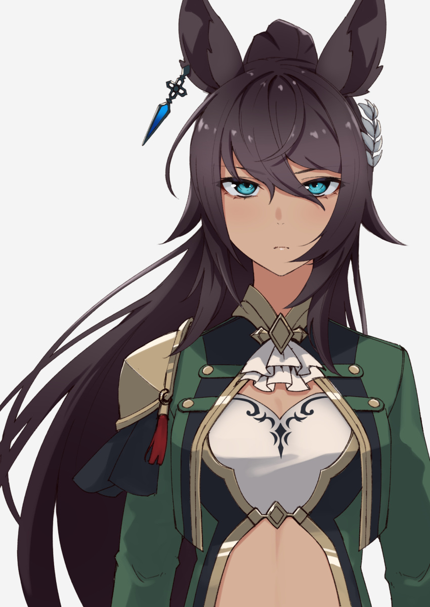 1girl animal_ears armor black_hair bleach blue_eyes closed_mouth clothing_cutout commentary cover danboru_(jdanboru1182) dark-skinned_female dark_skin earrings fake_cover frown green_jacket green_shirt grey_background highres horse_ears horse_girl jacket jewelry long_hair long_sleeves looking_at_viewer pauldrons shirt shoulder_armor simple_background single_earring single_pauldron solo stomach_cutout symboli_kris_s_(umamusume) textless_version umamusume wind