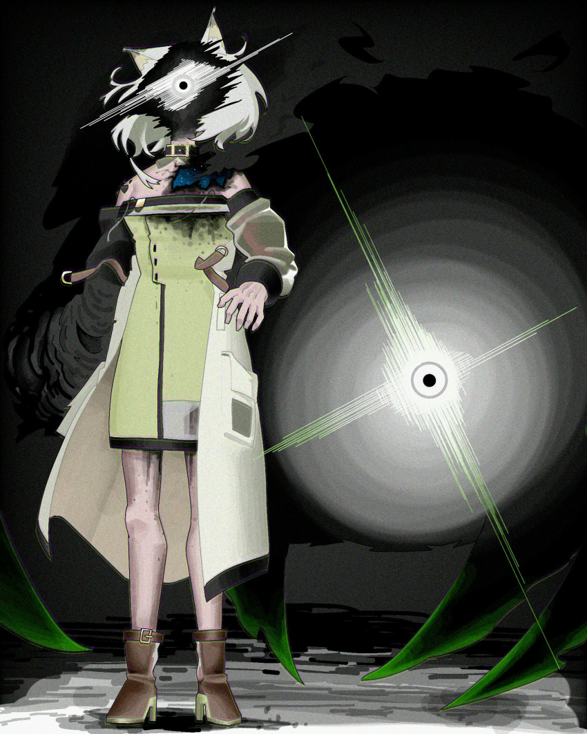 1girl animal_ears arknights black_background black_choker boots brown_footwear cat_ears cat_girl choker cracked_skin distortion dress green_dress hand_up high_heel_boots high_heels highres igashira_(gryw5852) kal'tsit_(arknights) lab_coat light material_growth off-shoulder_dress off_shoulder oripathy_lesion_(arknights) shirt short_hair solo standing white_shirt