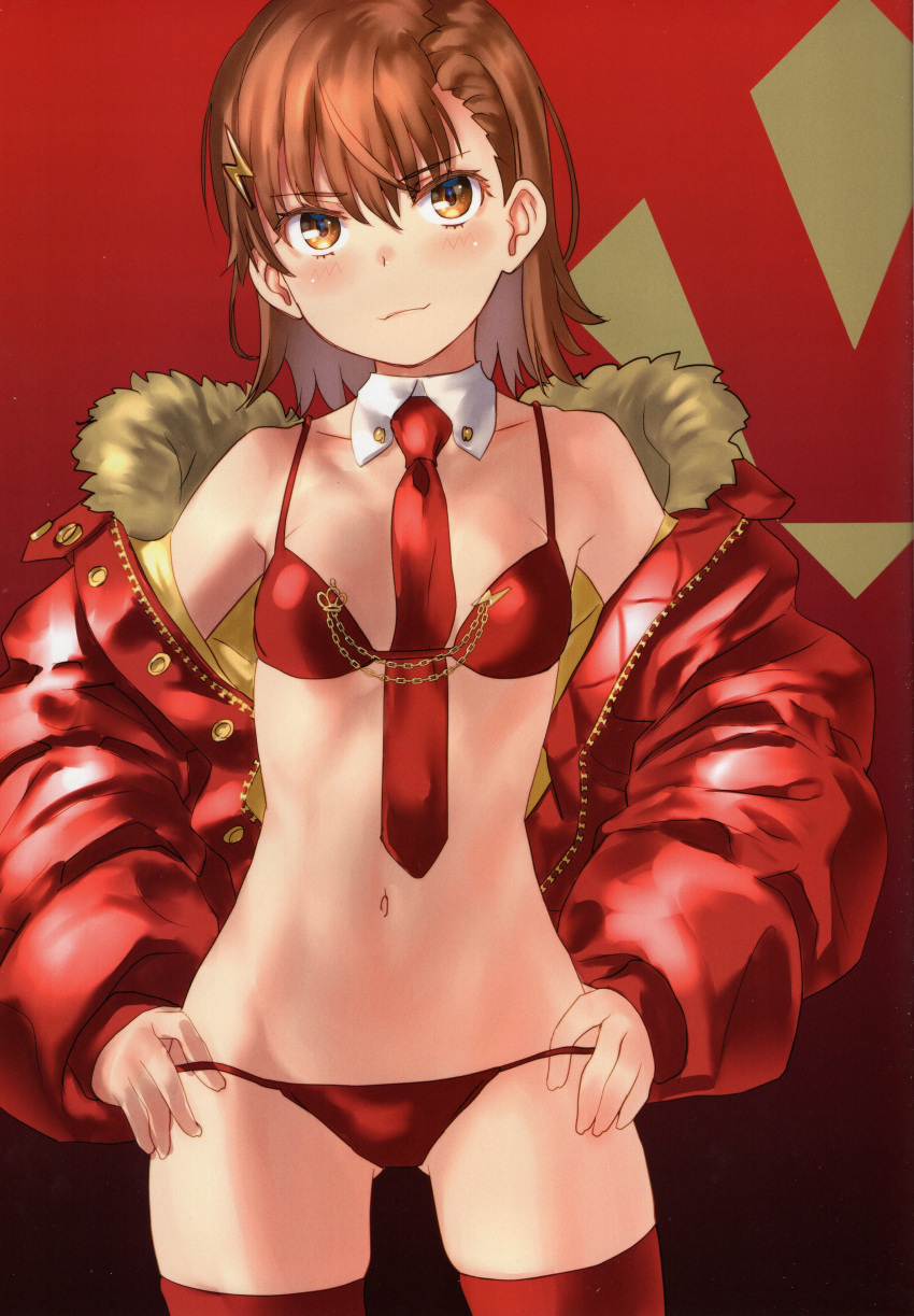 1girl absurdres bare_shoulders blush bra breasts brown_eyes brown_hair closed_mouth fur_trim hair_ornament hairclip hands_on_own_hips highres jacket long_sleeves misaka_mikoto navel necktie off_shoulder open_clothes open_jacket panties raika9 red_bra red_panties red_thighhighs scan shiny_skin short_hair simple_background smile solo stomach thighhighs thighs toaru_kagaku_no_railgun toaru_majutsu_no_index underwear