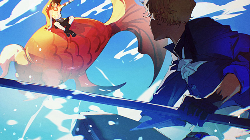 2boys animal ascot black_gloves black_hair blonde_hair blue_shirt blue_sky fighting_stance fish gloves highres holding holding_weapon horns looking_at_another male_focus multiple_boys one_piece onecata11 portgas_d._ace sabo_(one_piece) shirt short_hair sitting_on_animal sky sleeves_rolled_up splashing topless_male waving weapon