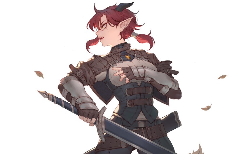 1girl black_horns blue_collar breasts buckle collar cowboy_shot dpin_(user_adhr8855) dragon_girl dragon_horns highres holding holding_sword holding_weapon horns large_breasts leather_belt looking_to_the_side original parted_lips pink_lips pointy_ears red_hair sheath silka_(dpin) solo sword teeth unsheathed upper_teeth_only weapon white_background yellow_eyes