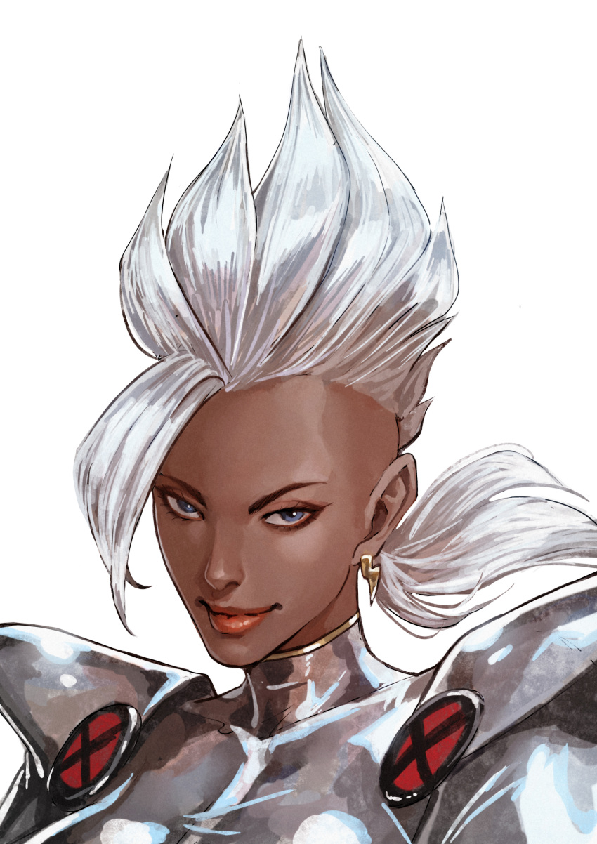 1girl absurdres animification blue_eyes cirenk dark-skinned_female dark_skin highres lightning_bolt_earrings marvel short_hair smile solo storm_(x-men) superhero_costume very_dark_skin white_hair x-men