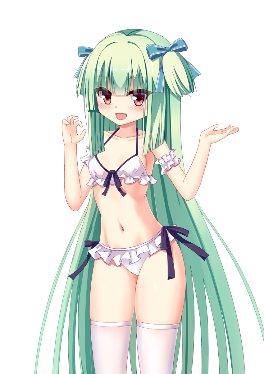 1girl :d alternate_costume arm_strap bikini black_ribbon blue_bow blunt_bangs blunt_ends blush bow breasts chinese_commentary collarbone commentary_request eyes_visible_through_hair frilled_bikini frills green_hair hair_bow halterneck hands_up happy highres hime_cut long_hair looking_at_viewer murasame_(senren) navel open_mouth red_eyes ribbon senren_banka shu_pian sidelocks simple_background skindentation small_breasts smile solo stomach straight_hair swimsuit thighhighs thighs tsurime two_side_up very_long_hair white_background white_bikini white_thighhighs