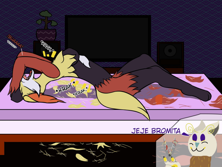 4:3 anthro bed bedroom breasts crunch delphox duo eevee female feral fur furniture generation_1_pokemon generation_6_pokemon girly haircut hi_res humor joke maximilianofox nintendo open_mouth pokemon pokemon_(species) scissors sleeping tail tired yawn