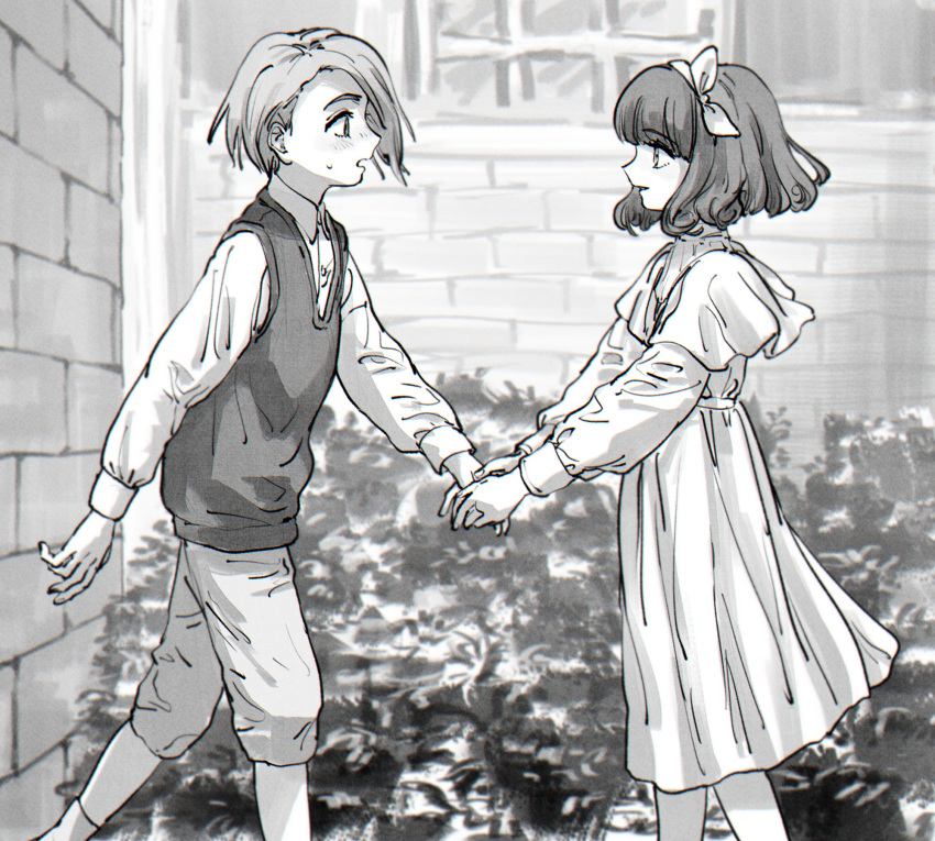 1boy 1girl bow brick_wall collared_shirt commentary_request dress feet_out_of_frame from_side funabara_(sksn_herb) greyscale hair_bow highres long_sleeves looking_at_another lou_(shadows_house) monochrome outdoors pants profile ricky_(shadows_house) shadows_house shirt short_hair smile standing vest window