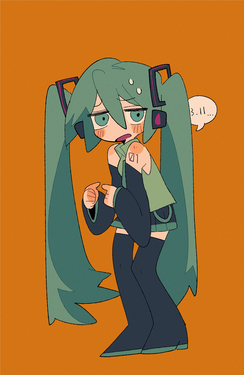 1girl adpx bare_shoulders black_footwear black_skirt black_sleeves blue_eyes blue_hair blush boots collared_shirt dated detached_sleeves frown full_body furrowed_brow green_shirt hair_ornament hatsune_miku headphones highres hunched_over index_fingers_together long_hair long_sleeves looking_at_viewer nervous number_tattoo open_mouth orange_background own_hands_together pleated_skirt shirt shoulder_tattoo simple_background skirt sleeveless sleeveless_shirt solo speech_bubble standing sweat tattoo thigh_boots twintails very_long_hair vocaloid