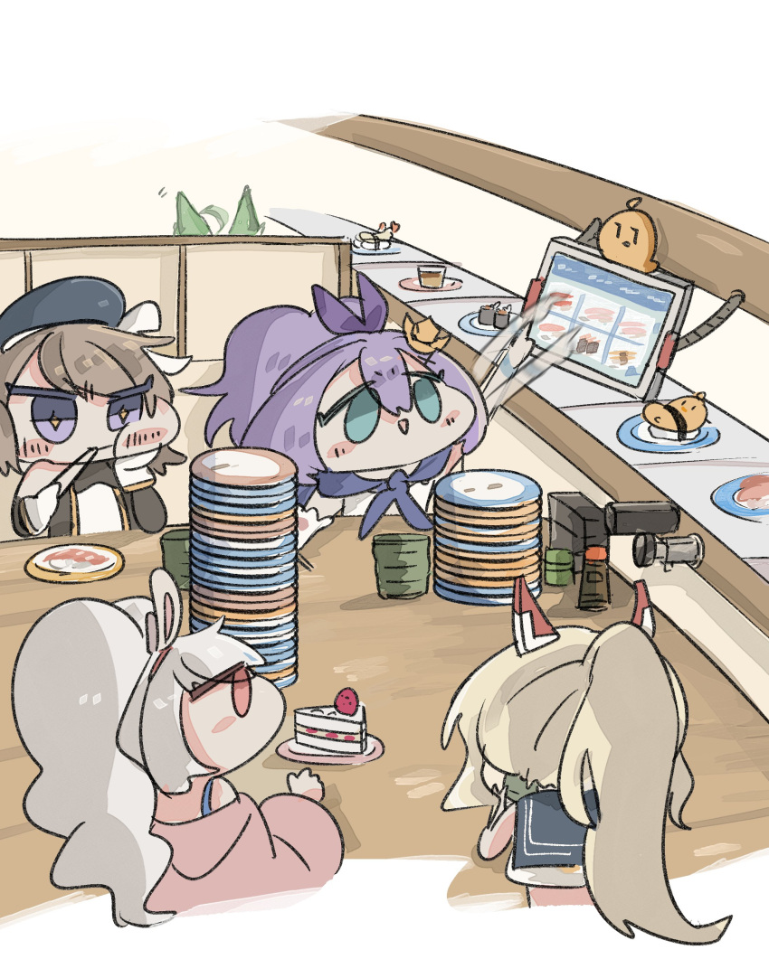 +_+ 5girls :d absurdres afterimage ahoge akashi_(azur_lane) aqua_eyes ayanami_(azur_lane) azur_lane baozi beret blonde_hair blush_stickers brown_hair cake cake_slice chopsticks commentary conveyor_belt_sushi eating facing_viewer food green_hair hair_ornament hand_on_own_face hat highres holding holding_chopsticks javelin_(azur_lane) laffey_(azur_lane) long_sleeves multiple_girls plate plate_stack ponytail purple_eyes purple_hair shrimp shrimp_tempura sitting smile soy_sauce_bottle sushi suwapurin symbol-only_commentary tablet_pc tempura triangle_mouth twintails white_hair z23_(azur_lane)