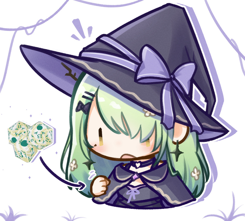 asymmetrical_bangs black_capelet black_choker black_dress blush capelet ceres_fauna ceres_fauna_(goth) chibi chibi_only choker commentary dice dress earrings english_commentary flower green_hair hair_flower hair_ornament hair_over_one_eye hand_up hat heart heart_choker heart_o-ring highres hololive hololive_english icosahedron jewelry long_hair mole mole_under_eye moon_ldl o-ring o-ring_choker official_alternate_costume open_mouth upper_body virtual_youtuber white_background witch witch_hat yellow_eyes |_|