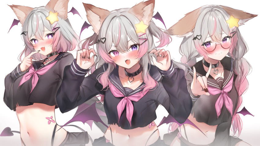 1girl 3: absurdres animal_ears annytf arms_up bandaid black_choker black_nails black_sailor_collar black_serafuku black_shirt black_skirt blush braid choker crop_top crop_top_overhang demon_girl demon_tail demon_wings embarrassed fang fox_ears fox_shadow_puppet glasses gradient_hair hair_ornament hairclip hand_up head_wings heart heart-shaped_pupils heterochromia highleg highres indie_virtual_youtuber long_sleeves low_wings maru_ccy microskirt midriff mini_wings multicolored_hair multiple_views nail_polish navel neckerchief nose_blush open_mouth panty_straps pink_eyes pink_hair purple_eyes red-framed_eyewear sailor_collar school_uniform semi-rimless_eyewear serafuku shirt short_hair skirt smile spaghetti_strap star_(symbol) star_hair_ornament stomach streaked_hair symbol-shaped_pupils tail torn_clothes torn_shirt twin_braids twintails two_side_up under-rim_eyewear virtual_youtuber white_hair wings