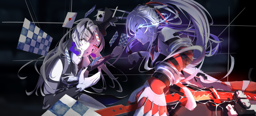 2girls alpha_(punishing:_gray_raven) black_bra black_jacket bra card earrings eyewear_around_neck facial_tattoo flaming_eye grey_hair grey_jacket grin highres holding holding_knife holding_sword holding_weapon jacket jewelry katana knife lilith_(punishing:_gray_raven) long_hair lucia:_crimson_weave_(punishing:_gray_raven) mechanical_arms multiple_girls open_clothes open_jacket poker ponytail punishing:_gray_raven sheath sidelocks smile spade_tattoo sports_bra sword tako_(pixiv_71392721) tattoo tube underwear unsheathing weapon