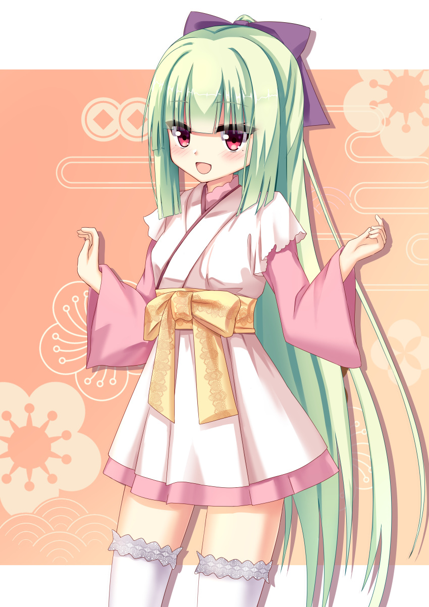 1girl :d absurdres blunt_bangs blunt_ends blush bow chinese_commentary commentary cowboy_shot drop_shadow eyes_visible_through_hair green_hair half_updo hands_up happy highres hime_cut japanese_clothes kimono long_hair long_sleeves looking_at_viewer multicolored_clothes multicolored_kimono murasame_(senren) official_alternate_costume official_alternate_hairstyle open_mouth orange_background pink_kimono purple_bow red_eyes sash senren_banka short_kimono shu_pian sidelocks simple_background smile solo straight_hair thighhighs tsurime very_long_hair w_arms white_kimono white_thighhighs wide_sleeves yellow_bow yellow_sash zettai_ryouiki