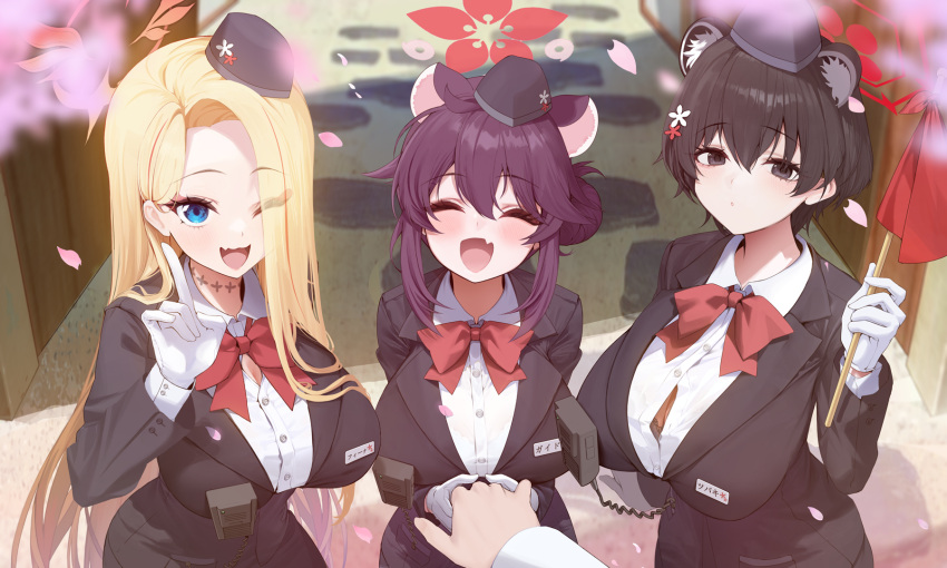 1other 3girls animal_ears black_bra black_eyes black_hair black_hat blonde_hair blue_archive blue_eyes blush bra breasts buttons cherry_blossoms cleavage closed_eyes collared_shirt extra_ears facing_viewer fang flag gloves hair_between_eyes halo hat highres holding holding_flag kaede_(blue_archive) kaede_(guide)_(blue_archive) large_breasts long_hair long_sleeves looking_at_viewer multicolored_hair multiple_girls official_alternate_costume open_mouth petals pina_(blue_archive) pina_(guide)_(blue_archive) pink_halo red_hair red_halo shirt short_hair skin_fang smile streaked_hair tour_guide tsubaki_(blue_archive) tsubaki_(guide)_(blue_archive) underwear walkie-talkie white_gloves white_shirt xiujia_yihuizi