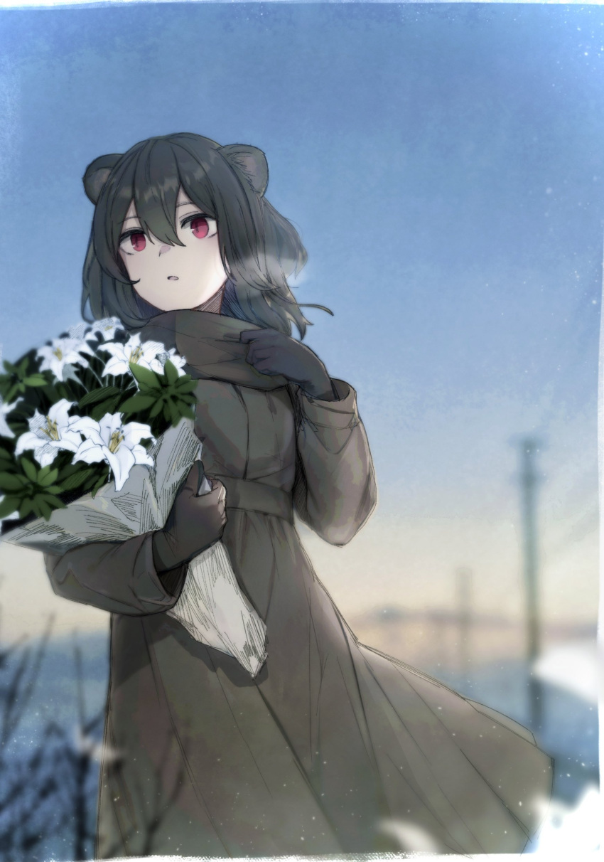 1girl absurdres animal_ears arknights bear_ears bear_girl black_gloves black_hair blurry blurry_background bouquet breath cowboy_shot day dot_nose dress flower gloves grey_dress hair_between_eyes highres holding holding_bouquet hugging_object leto_(arknights) long_dress long_sleeves looking_ahead medium_hair morning outdoors parted_lips power_lines red_eyes sasahara_(shou_goi) sidelocks solo utility_pole white_flower