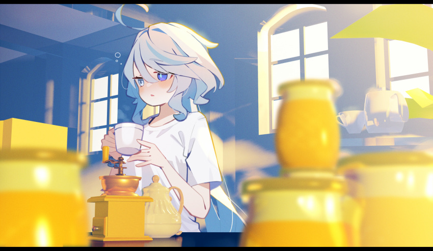 1girl ahoge blue_eyes blue_hair blush coffee_grinder cup furina_(genshin_impact) genshin_impact hair_between_eyes highres holding holding_cup indoors letterboxed long_hair parted_lips pekeko_(pepekekeko) shirt short_sleeves sleepy solo steam very_long_hair waking_up white_hair white_shirt window