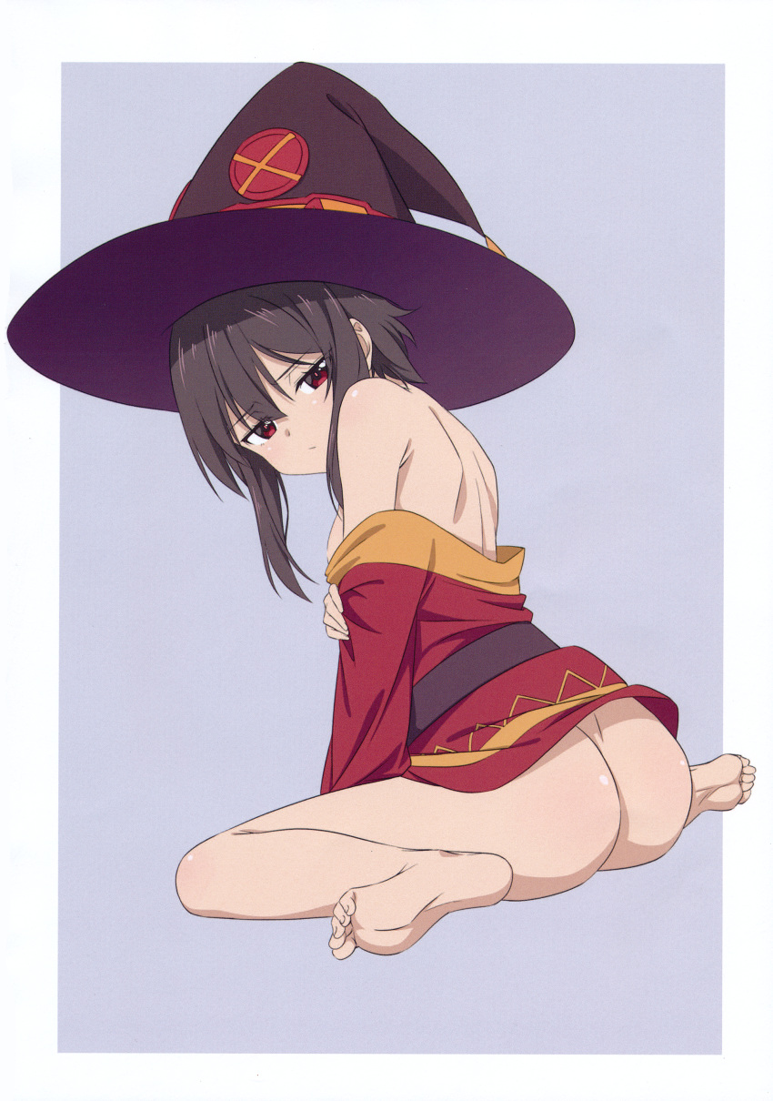 1girl absurdres ass barefoot belt black_hair breasts brown_hair closed_mouth dress full_body hat highres kono_subarashii_sekai_ni_shukufuku_wo! long_sleeves looking_at_viewer looking_back megumin no_panties off_shoulder red_eyes scan shiny_skin short_dress simple_background sitting small_breasts solo thighs toes wariza wizard_hat yamamoto_shuuhei