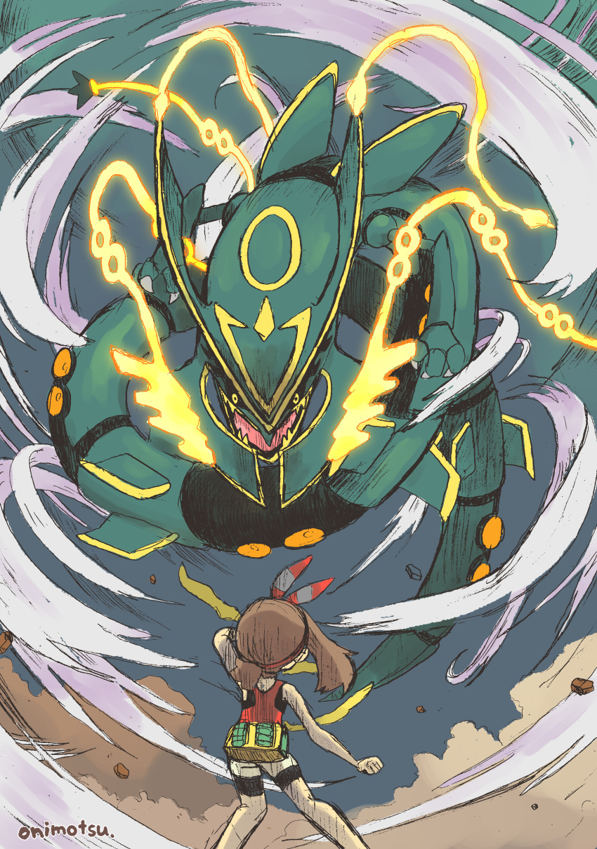 1girl 1other absurdres alternate_form artist_name bike_shorts black_sclera brown_hair claws colored_sclera dragon dust_cloud eastern_dragon glowing gradient_background hairband highres looking_at_another may_(pokemon) mega_pokemon mega_rayquaza onimotsu_matarou open_mouth outdoors pebble pokemon pokemon_(creature) rayquaza red_shirt shirt shorts signature sky sleeveless white_shorts wind