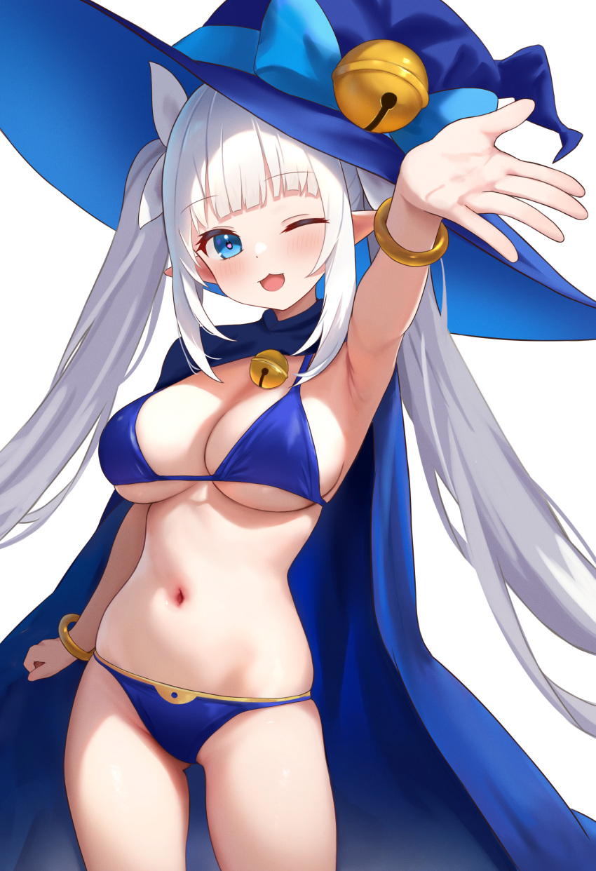 1girl ;d absurdres armpits bell bikini blue_bikini blue_cape blue_eyes blue_hat bracelet breasts cape commentary commission english_commentary fanteam hat hat_bell highres jewelry jingle_bell large_breasts long_hair looking_at_viewer neck_bell one_eye_closed open_mouth original pixiv_commission simple_background smile solo standing stomach swimsuit twintails white_background white_hair witch_hat