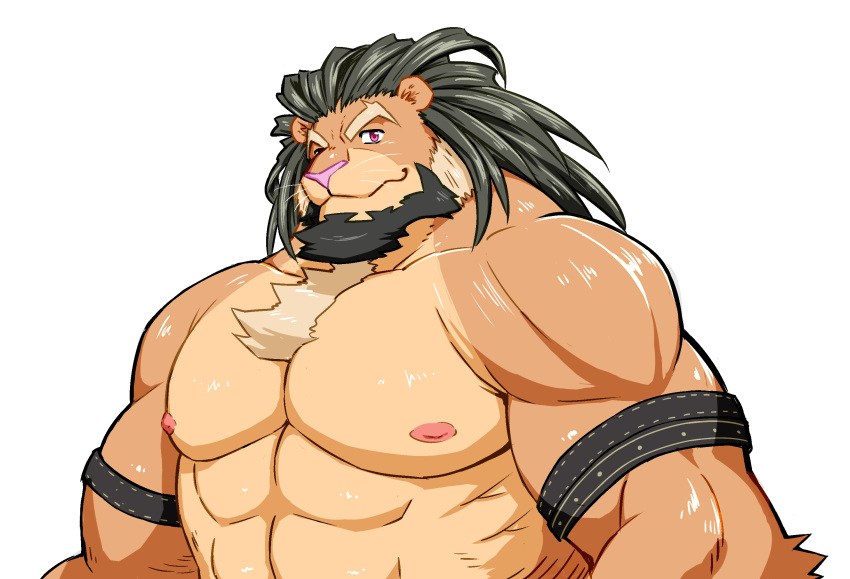 1boy abs animal_ears arsalan_(housamo) artist_request bara chest_tuft furry furry_male highres large_pectorals lion_boy lion_ears looking_at_viewer male_focus mature_male medium_hair muscular muscular_male nipples nude pectorals smile solo strongman_waist thick_eyebrows tokyo_afterschool_summoners upper_body