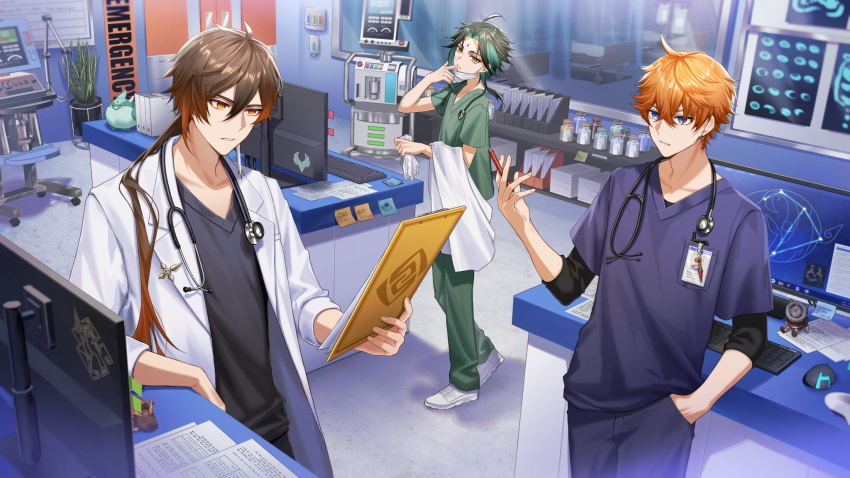 3boys black_hair black_shirt blue_eyes blue_shirt brown_eyes brown_hair doctor earrings genshin_impact gradient_hair green_hair green_shirt hair_between_eyes highres holding holding_pen id_card jacket jewelry kawausoman keyboard_(computer) long_hair long_sleeves male_focus monitor multicolored_hair multiple_boys orange_hair pen shirt single_earring tartaglia_(genshin_impact) towel white_jacket white_towel xiao_(genshin_impact) zhongli_(genshin_impact)