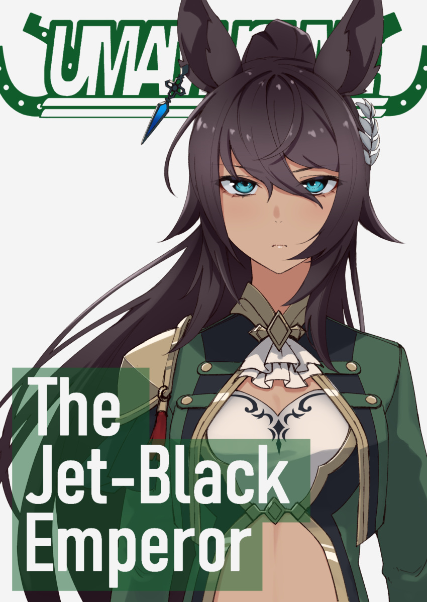 1girl animal_ears armor black_hair bleach blue_eyes closed_mouth clothing_cutout commentary copyright_name cover danboru_(jdanboru1182) dark-skinned_female dark_skin earrings english_text fake_cover frown green_jacket green_shirt grey_background highres horse_ears horse_girl jacket jewelry long_hair long_sleeves looking_at_viewer pauldrons shirt shoulder_armor single_earring single_pauldron solo stomach_cutout symboli_kris_s_(umamusume) umamusume wind