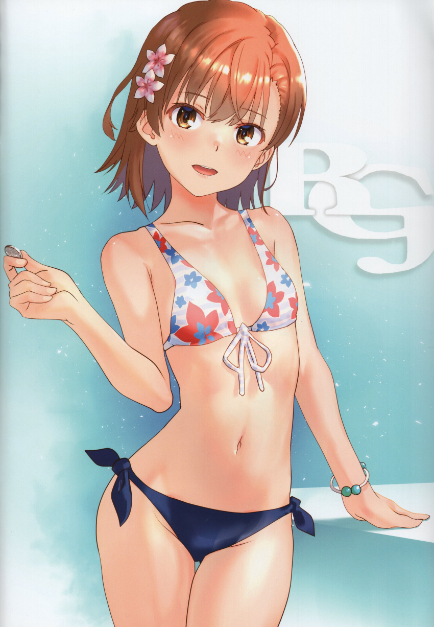 1girl absurdres bare_shoulders bikini blush bracelet breasts brown_eyes brown_hair coin collarbone floral_print front-tie_bikini_top front-tie_top gradient_background hair_ornament highres holding jewelry looking_at_viewer misaka_mikoto navel open_mouth raika9 scan short_hair small_breasts solo stomach swimsuit toaru_kagaku_no_railgun toaru_majutsu_no_index